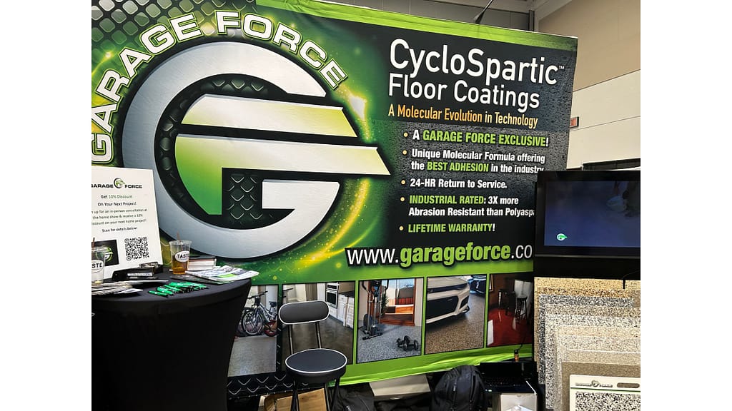 Garage Force booth displaying CycloSpartic concrete floor coatings at the Virginia Beach Home Show