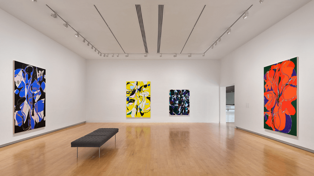 Abstract painting installation from Zak Prekop’s “Durations” exhibition at The Aldrich Contemporary Art Museum, featuring layered brushwork and rhythmic geometric marks.