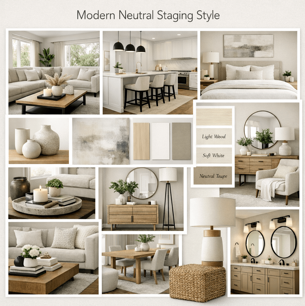 neutral home staging furniture and decor style inspiration board