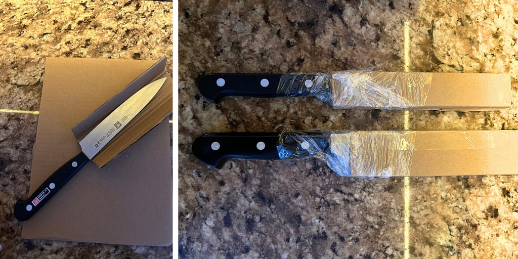 How to pack kitchen knives safely for a move using cardboard and plastic wrap