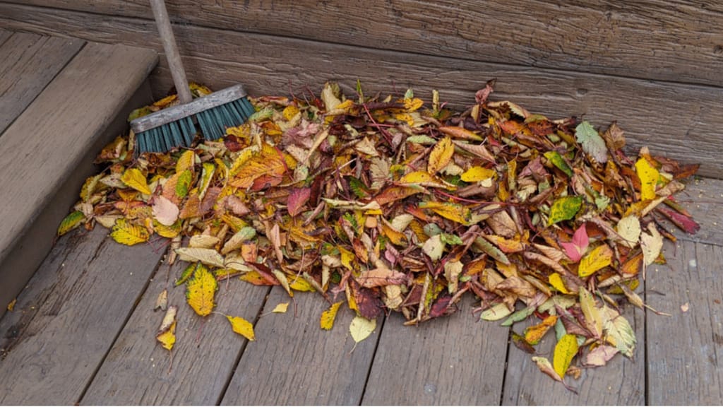sweeping leaves from deck as part of cleaning a home before selling