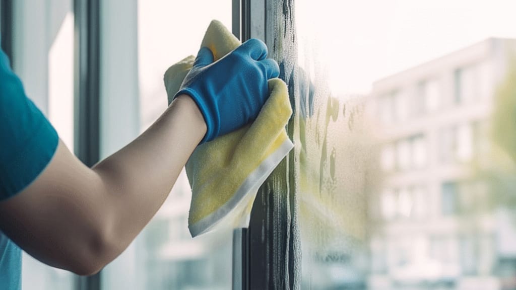 cleaning a window with cloth during deep cleaning a house before selling