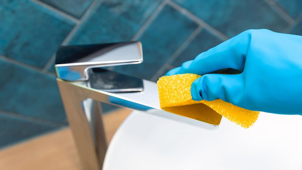 cleaning bathroom faucet with sponge during deep cleaning a house
