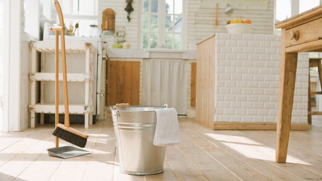 essential house cleaning tools including bucket broom and dustpan