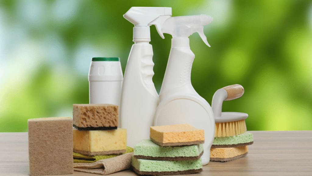 house deep cleaning tools and products including sprays sponges and brushes