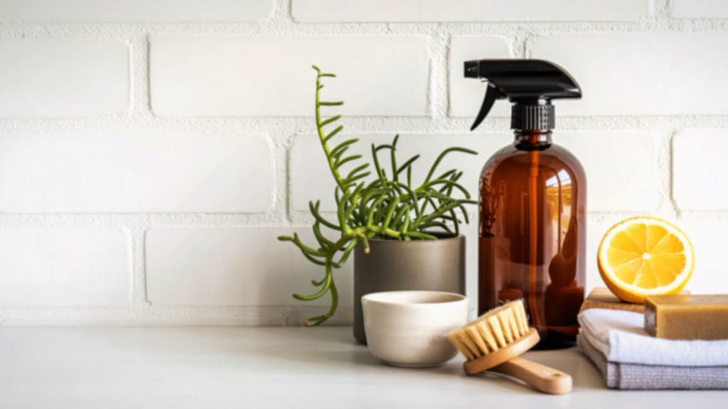 natural cleaning products with spray bottle lemon and plant for home cleaning