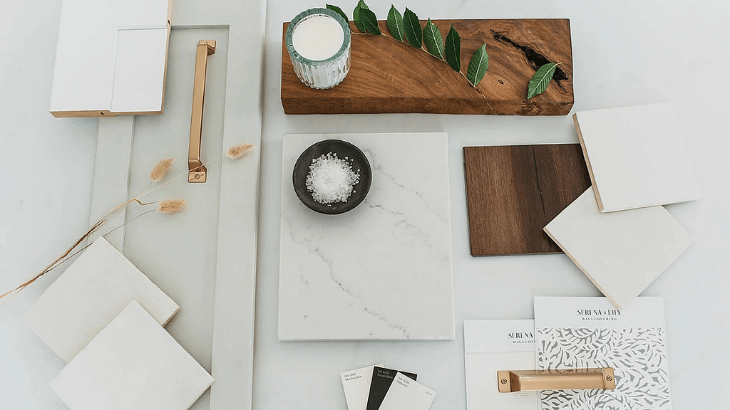 Interior design moodboard layout showing fabric swatches, color palettes, material samples, and concept sketches used in the creative design process.