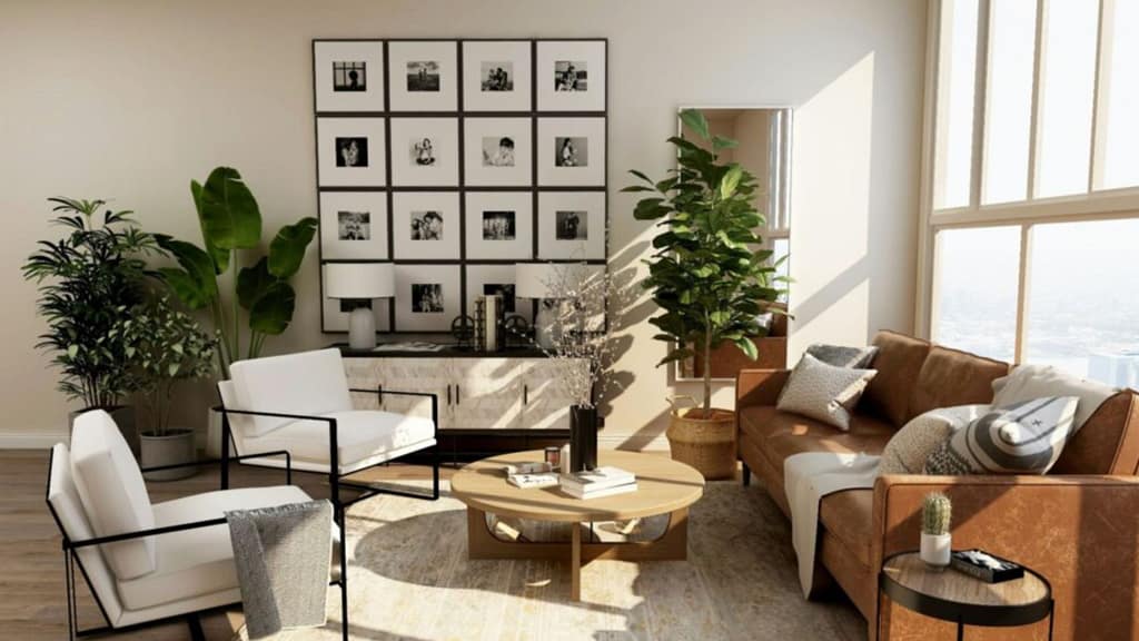modern home staging living room with neutral decor and plants