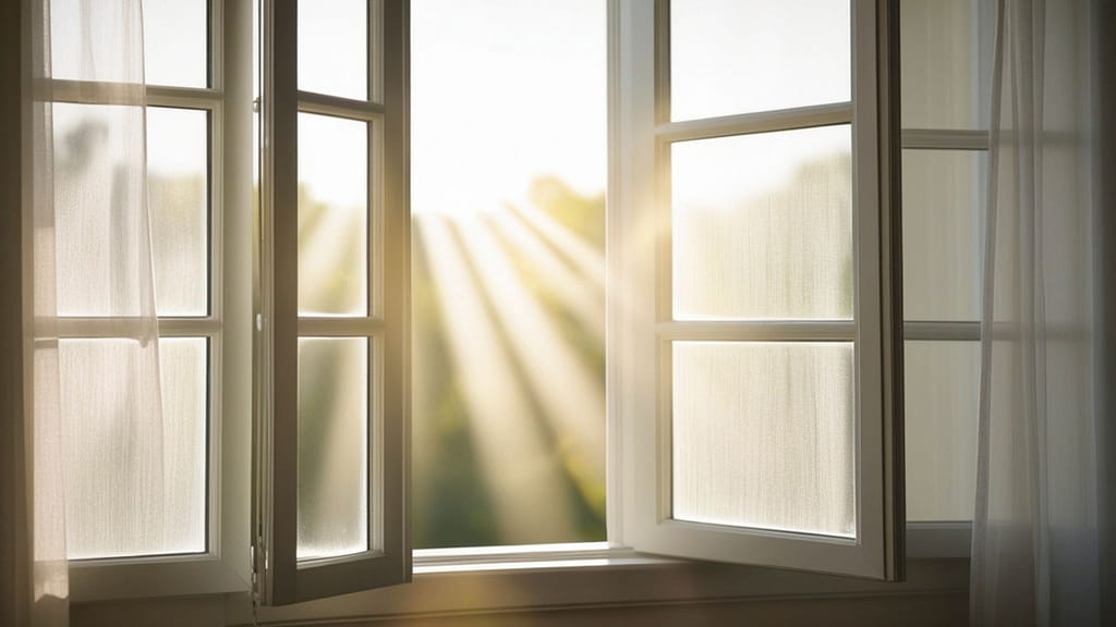 Open window with sunlight streaming through sheer curtains into a home