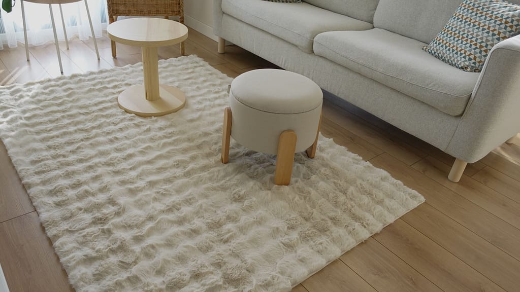 Small white rug floating in front of sofa with disconnected furniture layout