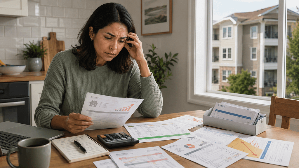 Homeowner reviewing bills, statements and a rising cost chart at her kitchen table with a calculator. Hidden Costs of Home Ownership