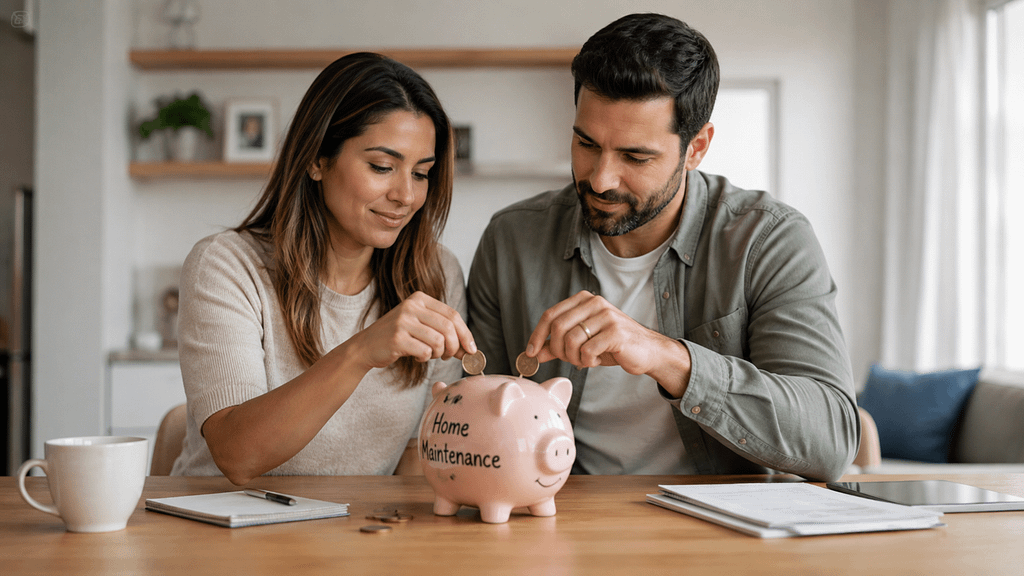 Couple putting coins into a piggy bank labelled Home Maintenance at their dining table