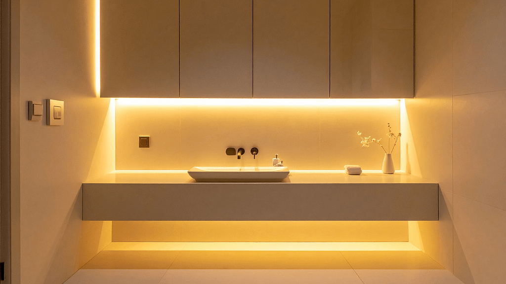 Warm under-cabinet LED strip lighting glowing above and below a floating bathroom vanity