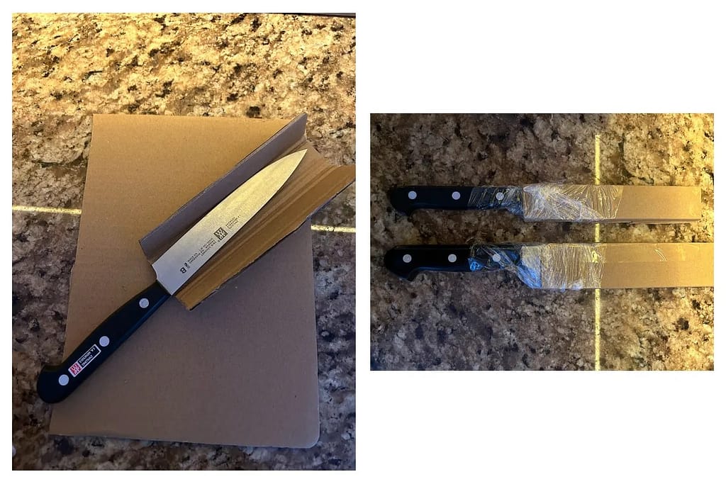 How to pack kitchen knives safely for a move using cardboard and plastic wrap