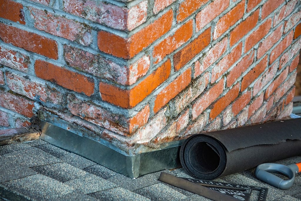 Damaged chimney flashing and brickwork on a roof