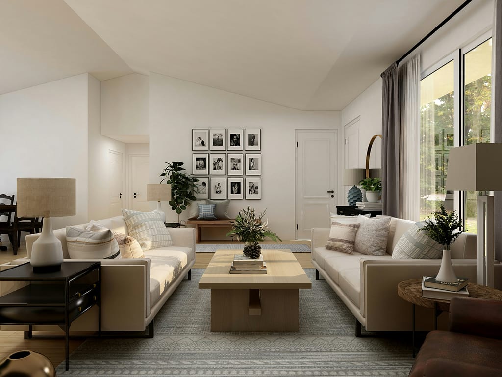 Living room with furniture that is chosen in scale nd proportion with the overall space size and shape