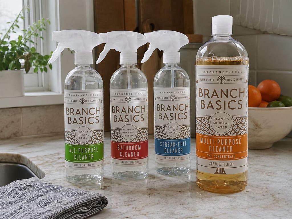 Branch Basics cleaning products lined up on a kitchen counter with cloth and fruit bowl nearby.